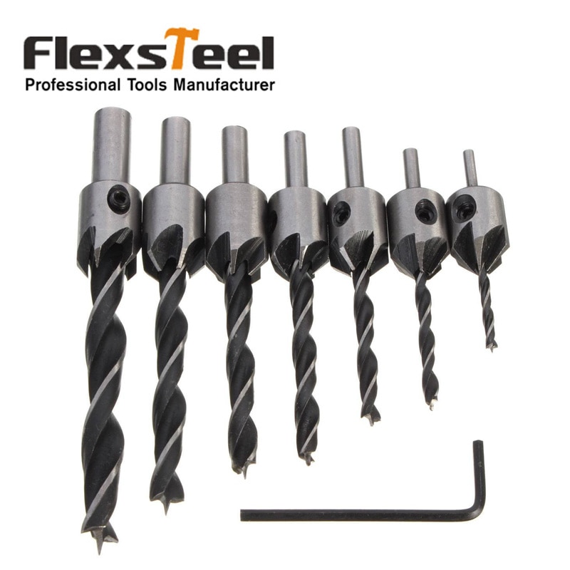 Flexsteel 8pcs HSS 5 플룻 카운터 싱크 드릴 비트 디버링 도구 세트 목공 리머 목공 모따기 엔드 밀링 3mm-10mm